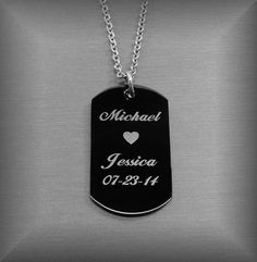 Stainless Steel High Polished Black Dog Tag by aandlengraving, $19.99 Personalized Black Stainless Steel Necklaces, Customized Black Stainless Steel Necklace, Customizable Black Stainless Steel Necklaces, Black Stainless Steel Jewelry For Memorial, Black Stainless Steel Necklace For Memorial, Personalized Black Jewelry With Name, Personalized Black Name Jewelry, Personalized Black Jewelry For Anniversary, Black Nameplate Jewelry For Gift