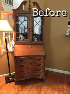 an old china cabinet with the words before and after