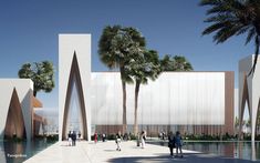 an artist's rendering of the exterior of a building with palm trees and people walking around