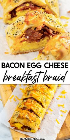 bacon egg cheese breakfast bread is cut in half and stacked on top of each other