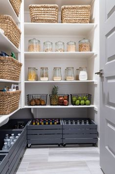 an organized pantry with baskets and food items