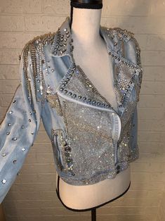 Bedazzled Bling Rhinestone Sequins Pearl Roses Denim Jacket | Etsy Embellished Denim Jacket For Parties, Party Denim Jacket With Embellished Long Sleeves, Glamorous Long Sleeve Outerwear With Rhinestones, Glamorous Long Sleeve Rhinestone Outerwear, Party Denim Jacket Embellished, Glamorous Fitted Rhinestone Outerwear, Glamorous Rhinestone Outerwear For Night Out, Trendy Fitted Denim Jacket With Rhinestones, Fitted Denim Outerwear With Rhinestones