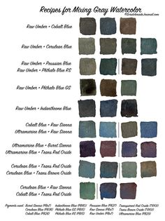 the color chart for many gray watercolors, including dark blue and green tones