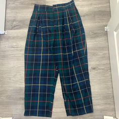 New With Tag Urban Outfitters Urban Renewal Remnants High Waist Green And Blue Plaid Trouser Straight Leg Size Xl Blue Plaid Pants Women, Fitted Green Bottoms From Urban Outfitters, Urban Outfitters Fitted Work Pants, Fitted Urban Outfitters Pants For Work, Plaid Trousers, Urban Outfitters Pants, Urban Renewal, Jumpsuit Trousers, Straight Leg Trousers