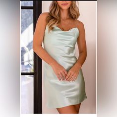 Mint Green Satin Cocktail Dress, Medium - Priceless Never Worn, Tag Still On Mint Green Satin Dress, Green Hoco Dresses, Black Lace Overlay Dress, Blair Dress, Green Satin Dress, Prom Dress Inspo, Pixie Dress, Cable Knit Sweater Dress, Satin Cocktail Dress