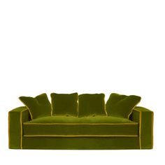 a green couch with yellow piping and two pillows on the back, in front of a white background