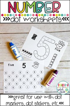 the number 5 dot marker worksheet is shown with markers and crayons