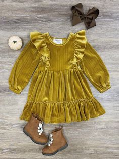 Gold Velvet Ruffle Girls Special Occasion Dress - Sydney So Sweet Gold Long Sleeve Dress For Winter, Gold Long Sleeve Winter Dress, Spring Long Sleeve Velvet Dress, Spring Velvet Long Sleeve Dress, Ohio Girls, Girls Ruffle Dress, Girls Special Occasion Dresses, Winter Baby Clothes, Girls Holiday Dresses