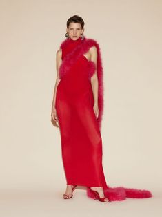 THE ATTICO Vibrant red long dress Elegant Red Dress With Feather Trim, Red Draped Maxi Dress For Party, Red Evening Dresses With Feather Trim, Red Feather Trim Evening Dress, Sheer Evening Dresses For Winter, Red Draped Dress For Red Carpet, Red Sheer Maxi Dress For Evening, Red Sheer Cocktail Dress, Red Sheer Dress