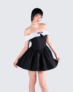 Vale Black Off Shoulder Mini Dress Fitted Off-shoulder Cotton Mini Dress, Fitted Cotton Off-shoulder Mini Dress, Chic Strapless Mini Dress With Detachable Bow, A-line Mini Dress With Bow Straps For Evening, Fitted Dresses With Detachable Bow For Night Out, Strapless Mini Dress With Detachable Bow For Evening, Cocktail Mini Dress With Detachable Bow, Evening Mini Dress With Bow, Spring Mini Dress With Detachable Bow