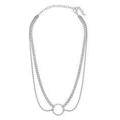 This double chain O ring style necklace is created in hypoallergenic stainless steel. The larger chain is 14-inch with an additional 3-inch extension chain making it perfect on its own, layered, or paired with any of our charms to create a custom necklace. Metal Cable Chain Necklace For Layering, Minimalist Metal Charm Necklace With Double Chain, Minimalist Double Chain Metal Charm Necklaces, Minimalist Double Chain Metal Charm Necklace, Trendy Metal Charm Necklaces With Double Chain, Silver Double Chain Layered Necklace, Silver Layered Double Chain Necklace, Silver Charm Necklace For Layering, Silver Charm Necklaces With Chain For Layering