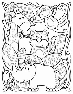 an animal coloring page for kids with animals and leaves in the background, including two giraffes