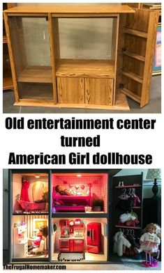 an old entertainment center turned american girl dollhouse