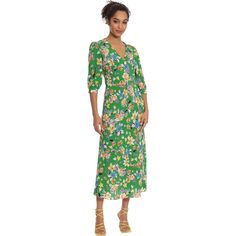 Donna Morgan 3/4 Sleeve Floral Print Empire Dress A Pretty And Flowery, Bohemian-Style Dress That Features A V-Neckline, Fabric Button Cuff Sleeves, And A Straight, Midi-Length Skirt. Additional Details: - Partially Lined - Hidden Back Zipper - Extra Button Included - Care: Machine Wash Cold Available Colors: Green Yellow Fabric: Bubble Crepe (97% Polyester, 3% Spandex) Lining (100% Polyester) Final Sale. Green Half Sleeve Spring Dress, Spring Half Sleeve Maxi Dress For Brunch, Spring Half-sleeve Maxi Dress For Brunch, Spring Brunch Half Sleeve Maxi Dress, Green 3/4 Sleeve Midi Dress For Summer, Green 3/4 Sleeve Summer Midi Dress, Green Summer Midi Dress With 3/4 Sleeves, Green 3/4 Length Dress For Spring, Yellow Half Sleeve Dress For Spring