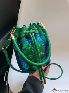 BirdinBag - Stylish Mini Shoulder Bag with Drawstring, Letter Patch, and Sequin Decoration Black Bucket Bag, Pu Bag, Sequin Decor, Crossbody Bags For Women, Mobile Phone Bag, Leather Bucket, Mini Shoulder Bag, Messenger Bags, Green Bag