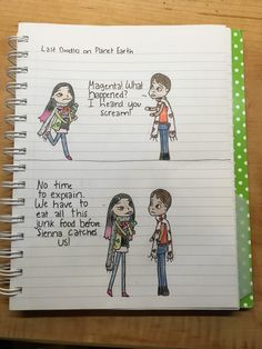 two notebooks with drawings of people talking to each other on the same page, one is