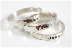 Custom Skinny Ring | Personalize with Your Name, Date, Initials | Christmas Gift for Mom or Wife Silver Hand Stamped Stackable Promise Rings, Silver Stamped Stackable Promise Rings, Anniversary Sterling Silver Stackable Rings, Silver Hand Stamped Stackable Rings, Dates Quotes, Expensive Diamond, Multiple Rings, Dainty Band, Silver Jewelry Box