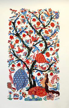 a painting of a woman sitting under a tree with birds and flowers on it's branches