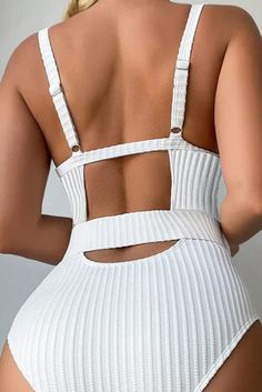 Elevate your beach look with this elegant white ribbed v-neck swimsuit with waist belt. The ribbed texture enhances the visual appeal, while the adjustable straps and hourglass silhouette provide comfort and a flattering fit. Perfect for summer vacations. Embrace style and confidence with this backless, wire-free swimsuit. Cutout One Piece, Swimsuit Material, Romper And Jacket, Cut Out Swimsuits, White Swimsuit, Ribbed Texture, White Brand, Romper With Skirt, Swimwear Collection