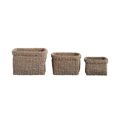 three woven baskets are shown on a white background, one is brown and the other is beige