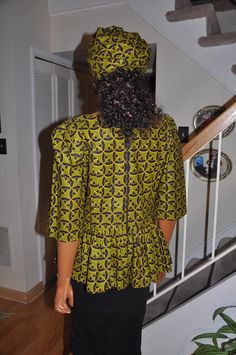 "Great Peplum top. 100% cotton print- Ankara US size 12-14 (large) Color: Olive green, black, yellow patterns Top: The top is gathered peplum at waistline with zipper in the back US size 12-14 (large) Bust: 41\" Waist 36\" Forearm: 15\" around - Length: 15\" 45\" x 45\" matching Head wrap included" Alexandria Va, Yellow Pattern, Head Wrap, Large Bust, Top Pattern, Top 100, Head Wraps, Ankara, Peplum Top