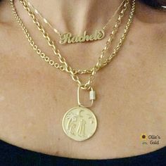 🌻 Classic 14K Name Necklace- Rachel Style 🌻 Custom Order Any One Name with One Capital Letter 🌻 Primary Photo shows two gram twist chain 🌻 10.5- 11 mm Tall Capital 🌻 Curl on last letter available on a-e-g-m-n-y 🌻You can choose your nameplate thickness, chain length and chain type at checkout - price varies. 🌻Please consider upgrading nameplate thickness for longevity and durability - max number of five letters for .4mm and a maximum of nine letters for .8mm. Prices listed are for one name Figaro Chain Nameplate Jewelry For Anniversary, Engraved Yellow Gold Cuban Link Jewelry, Gold Engraved Cuban Link Jewelry, 14k Gold Engraved Chain Necklace For Anniversary, Engraved 14k Gold Chain Necklace For Anniversary, Personalized 14k Gold Chain Necklace For Anniversary, Personalized Gold Cuban Link Jewelry, 14k Gold Curb Chain Nameplate Jewelry, Yellow Gold Initial Pendant With Figaro Chain