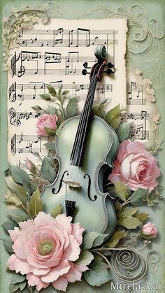 a violin with flowers and music notes in the background