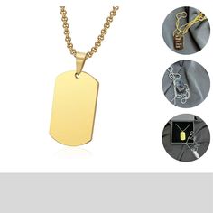 Unleash your style potential with our Men's Personalized Pendant Necklace. This striking piece is not just jewelry--it's a statement of your individuality and sophistication. Crafted from premium materials, this sleek pendant is available in a luxurious gold finish, perfect for adding a personal touch with engraved initials or a special date. Imagine wearing a piece that's uniquely yours. This necklace is an ideal gift for any occasion, custom engraved to reflect your personal story and style. Make your mark with a personalized necklace. Click 'Add to Cart' now to create a meaningful accessory that's truly yours. Embrace your individuality today! Customer Satisfaction Guarantee Our goal is your complete satisfaction. If you're not happy with your purchase for any reason, please reach out t Modern Dog Tag Jewelry For Gifts, Formal Gold Stainless Steel Chain Necklace, Stainless Steel Chain Jewelry For Father's Day, Gold Stainless Steel Box Chain Jewelry, Stainless Steel Jewelry With Adjustable Chain And Rectangular Pendant, Classic Stainless Steel Necklace With Rectangular Pendant, Stainless Steel Jewelry With Rectangular Pendant And Adjustable Chain, Gold Metal Jewelry With Rectangular Pendant, Gold Jewelry With Rectangular Metal Pendant