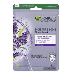 Treat tired skin to the Garnier Moisture Bomb Lavender Hydrating Face Sheet Mask ; a rejuvenating, 15-minute mask with a pleasant, relaxing scent to pamper the senses.  The water-based mask with Hyaluronic Acid and Lavender Essential Oil adheres closely to facial contours, and infuses skin with long-lasting moisture whilst combating signs of fatigue. Expect a soft, comfortable complexion that looks brighter, smoother and healthier.  Dermatologically tested.  Suitable for sensitive skin.  Free from parabens and mineral oil. Hydrating Sheet Mask, Turmeric Face Mask, Hydrating Face Mask, Skin Care Face Mask, Face Sheet Mask, Garnier Skin Active, Fresh Skin, Hydrating Serum, Dehydrated Skin