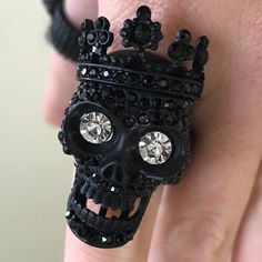 New Crystal Rhinestone Pave Crown Skull Stretch Ring. Black Color. Size: 1.5” H. Stretchable. Thanks For Viewing! Edgy Black Metal Skull Ring, Punk Black Ring For Halloween, Black Punk Rings For Halloween, Punk Black Rings For Halloween, Black Skull Ring For Halloween, Gothic Black Skull Ring For Halloween, Black Metal Skull Ring, Halloween Black Skull Ring, Black Halloween Rings With Skull Print