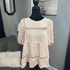 New With Tags Attached, Have 2 Of These Size Small! 100% Rayon! Beige Short Sleeve Blouse For Brunch, Casual Neutral Blouse For Brunch, Spring Feminine Neutral Blouse, Neutral Short Sleeve Blouse For Day Out, Feminine Neutral Blouse For Spring, Casual Neutral Tops For Brunch, Feminine Neutral Blouse For Day Out, Long Sleeve Ruffle Top, White Embroidered Blouse