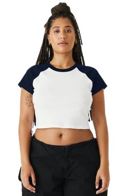 Shop Bella + Canvas 1201BE in White / Navy & get instant bulk discounts. This 52.00% Cotton, 48.00% Polyester Women T-Shirt is often used for Keep It Blank projects by our customers | Ships Fast | Award-Winning Customer Service. Youth Clothing, Black And White Baby, Baby Top, Crop Top Hoodie, Crop Top Outfits, Raglan Tee, Made Clothing, Baby Tee, Wholesale Clothing