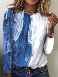 Blue Casual Round Neck Printed Long Sleeve Blouse Blue Long Sleeve Winter Blouse, Casual Blue Winter Blouse, Casual Blue Blouse For Winter, Casual Blue Fall Blouse, Casual Blue Blouse For Fall, Light Blue Crew Neck Blouse, Blue Tops For Fall, Light Blue Crew Neck Blouse For Spring, Trendy Blue Blouse For Fall