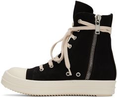 High-top denim sneakers in black featuring graphic topstitching at outer side. · Round buffed leather toe cap · Lace-up closure · Eyelet vents at inner side · Zip closure at inner side · Treaded rubber sole Supplier color: Black/Milk/Milk Denim Sneakers, Rick Owens Drkshdw, Black Milk, New York Street, Wedge Sneaker, Rick Owens, Luxury Streetwear, Urban Fashion, High Top