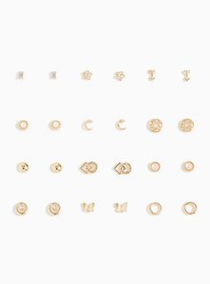 It's the little details that count! Add any of these gold-tone and pink stone stud earrings to your look for a shimmery touch. Set of 12. Post backs. Base metals. Imported . The best plus size women's gold-tone rhinestone earrings set - of 12 sets in blush. Torrid is your destination for the freshest spring and summer styles. Trendy Gold Piercings With Matching Earrings, Stone Stud Earrings, Crescent Earrings, Gold Polka Dots, Hoop Earring Sets, Summer Styles, Stone Studs, Heart With Arrow, Black Rhinestone