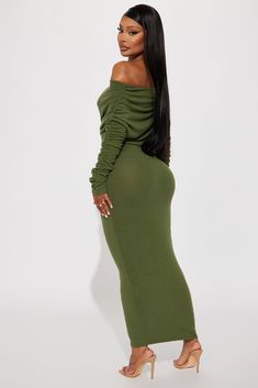 Available In Green, Charcoal, And Cream. Sweater Maxi Dress Off Shoulder Long Sleeve Ruched Detail Loose Top Fitted Skirt Stretch 72% Rayon 21% Polyester 7% Spandex Imported | Yasmine Off Shoulder Sweater Maxi Dress in Green size 1X by Fashion Nova Dress Off Shoulder Long, Baddie Fits, Sweater Maxi Dress, Dress Off Shoulder, Loose Top, Off Shoulder Sweater, Xl Fashion, Maxi Dress Green, Cream Sweater