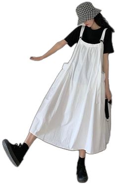 Cotton Sundress Suspender Dress, Cotton Suspender Sundress, Casual White Midi Suspender Dress, White Sleeveless Cotton Suspender Dress, Black Cotton Pinafore Dress For Spring, Black Cotton Pinafore Dress For Summer, Black Sleeveless Summer Pinafore Dress, Black Sleeveless Pinafore Dress For Summer, Sleeveless Cotton Suspender Dress With Pockets