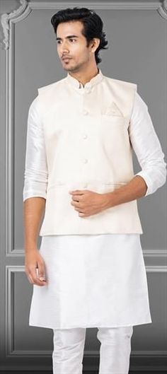 White and Off White color Nehru Jacket in Art Silk fabric with Weaving work Luxury Unstitched Off White Nehru Jacket, Luxury White Silk Nehru Jacket, Nehru Jacket, Nehru Jackets, Color Art, Off White Color, Silk Fabric, White Color, Weaving