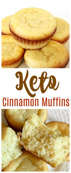 keto cinnamon muffins are stacked on top of each other with the words keto