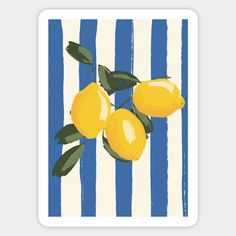 two lemons on a branch with blue and white striped background