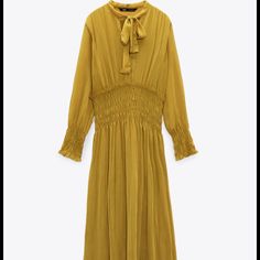 Midi Length, Never Been Worn With Tags Spring Long Sleeve Gold Midi Dress, Gold Long Sleeve Midi Dress For Spring, Gold Long Sleeve Midi Dress For Summer, Elegant Yellow Long Sleeve Dress, Elegant Long Sleeve Yellow Dress, Elegant Yellow Pleated Maxi Dress, Yellow Long Sleeve Dress For Fall, Elegant Yellow Pleated Dress, Elegant Yellow Maxi Dress For Fall