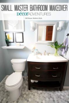 a white toilet sitting next to a sink in a bathroom under two pictures on the wall