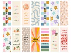 several different types of bookmarks with flowers and words on them, all lined up in rows