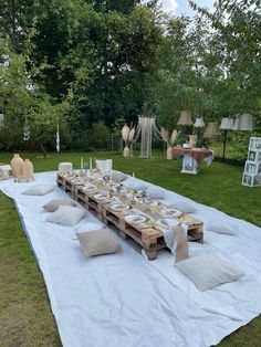 a long table set up in the middle of a grassy area with pillows and plates on it