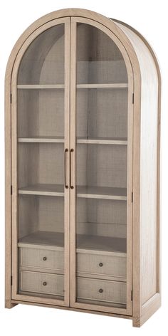 an arched glass door cabinet with drawers in the bottom and side panels on both sides