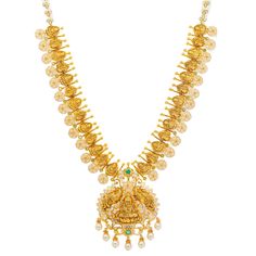 This 22k Indian gold necklace has a majestic appeal that oozes with cultural beauty. The spectacular array of emeralds, cz stones, and pearls allow for the engraved detailing to pop a into the forefront. Features • 22k yellow gold • Emerald • Engraved details • Cubic zirconia • Pearls As a leading gold Indian jewelry store in the USA, we are proud to offer a wide selection of beautiful Indian gold jewelry, including this stunning 22k Indian gold temple necklace with emeralds, pearls, and cz ston Luxury Yellow Gold Temple Jewelry Kundan Necklace, Luxury Yellow Gold Round Temple Necklace, 22k Gold Emerald Necklace For Gift In Temple Style, 22k Gold Emerald Necklace Temple Jewelry Style, 22k Gold Green Temple Necklace For Celebration, 22k Gold Emerald Necklace Temple Jewelry Gift, Green 22k Gold Temple Necklace For Celebration, Gold Emerald Necklace With Intricate Temple Jewelry Design, Yellow Gold Gemstone Temple Necklace For Festivals