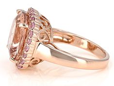 8.36ct square cushion Cor-de-Rosa Morganite��� with .91ctw round Pink Sapphire, 14k rose gold ring. Measures approximately  .69"L X .67"W. Peach Morganite, 14k Rose Gold Ring, Morganite, Pink Sapphire, Rose Gold Ring, Gold Ring, Gold Rings, Sapphire, Rose Gold