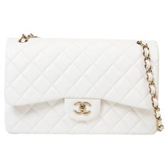 Classic White Double Flap Bag, Luxury White Double Flap Bag, White Evening Bag With Double Flap, White Double Flap Evening Bag, White Double Flap Formal Bags, Elegant White Double Flap Shoulder Bag, Classic White Bag With Cc Turnlock Closure, High-end White Flap Bag For Travel, Chic White Double Flap Shoulder Bag