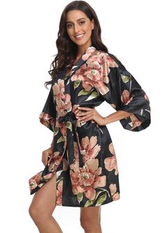 Spring Floral Print Satin Kimono, Spring Satin Kimono With Floral Print, Kimono Sleepwear, Robes Bridesmaids, Bridesmaid Robes Floral, Short Satin, Lounge Robes, Birthday Vacation, Satin Kimono