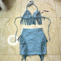 Denim Blvd Western Fringe Bikini Skirt Set, Fringe On Both Sides Of The Skirt! New With Tags. Size Small Blue Denim Skirt For Summer Parties, Party Blue Denim Skirt, Summer Party Denim Skirt, Fitted Denim Mini Skirt For Club, Stretch Blue Denim Skirt For Summer, Fitted Light Blue Denim Skirt For Summer, Stretch Denim Skirt For Summer Party, Summer Party Denim Mini Skirt, Blue High-waist Denim Skirt For Night Out